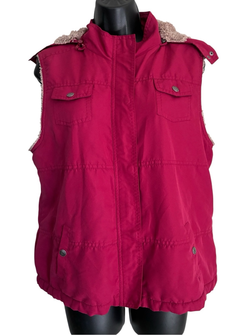 Gorpcore Sherpa Lined Sleeveless Hooded Utility Vest Red Sz L